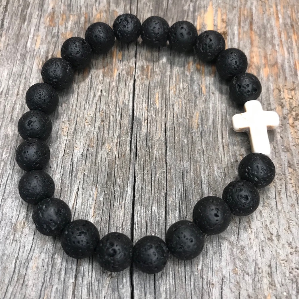 Black Lava Bead White Christian Cross Bracelet - Picture 2 of 2